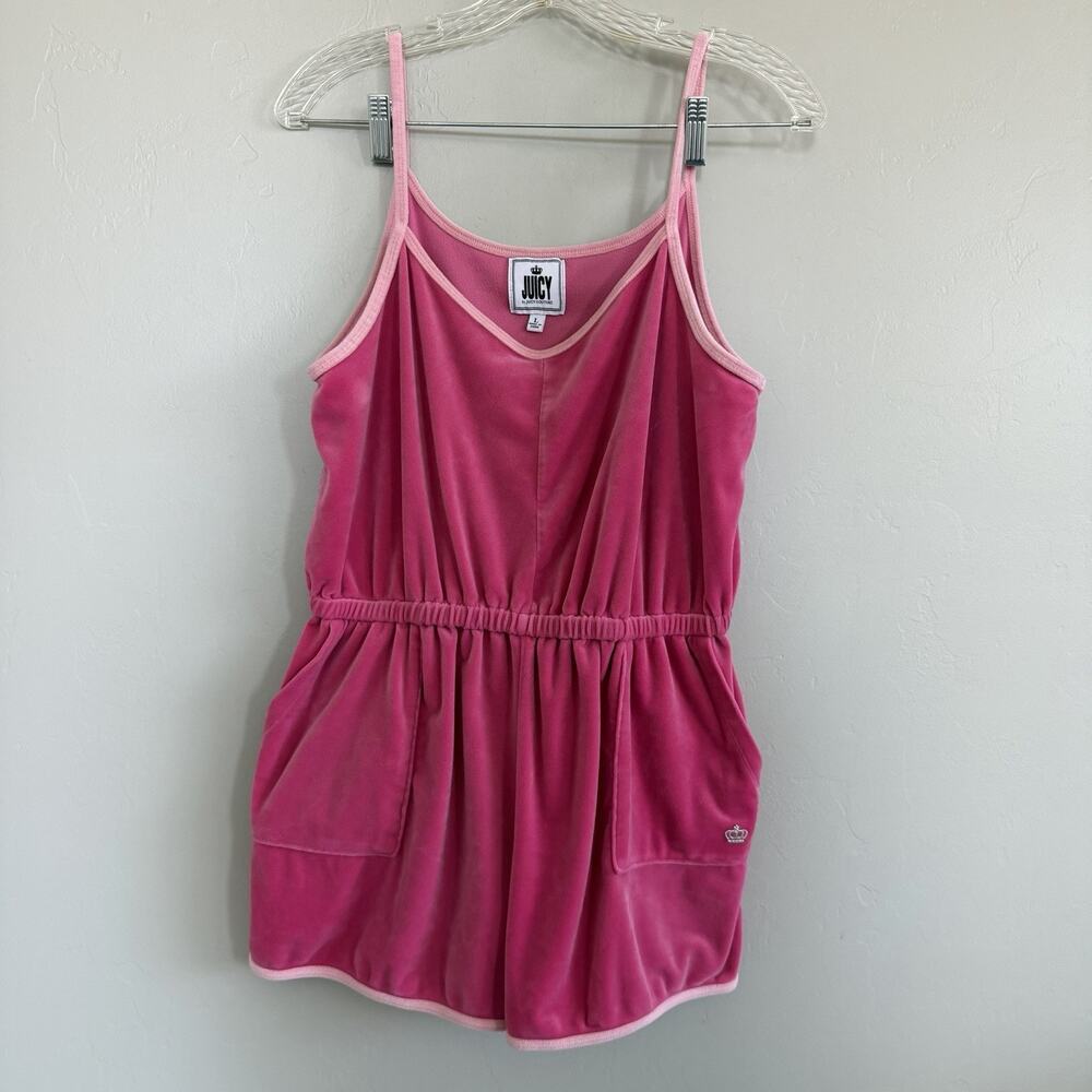 Juicy Couture Velour Romper Womens L Hot Pink Spaghetti Straps Elastic Waist Y2K